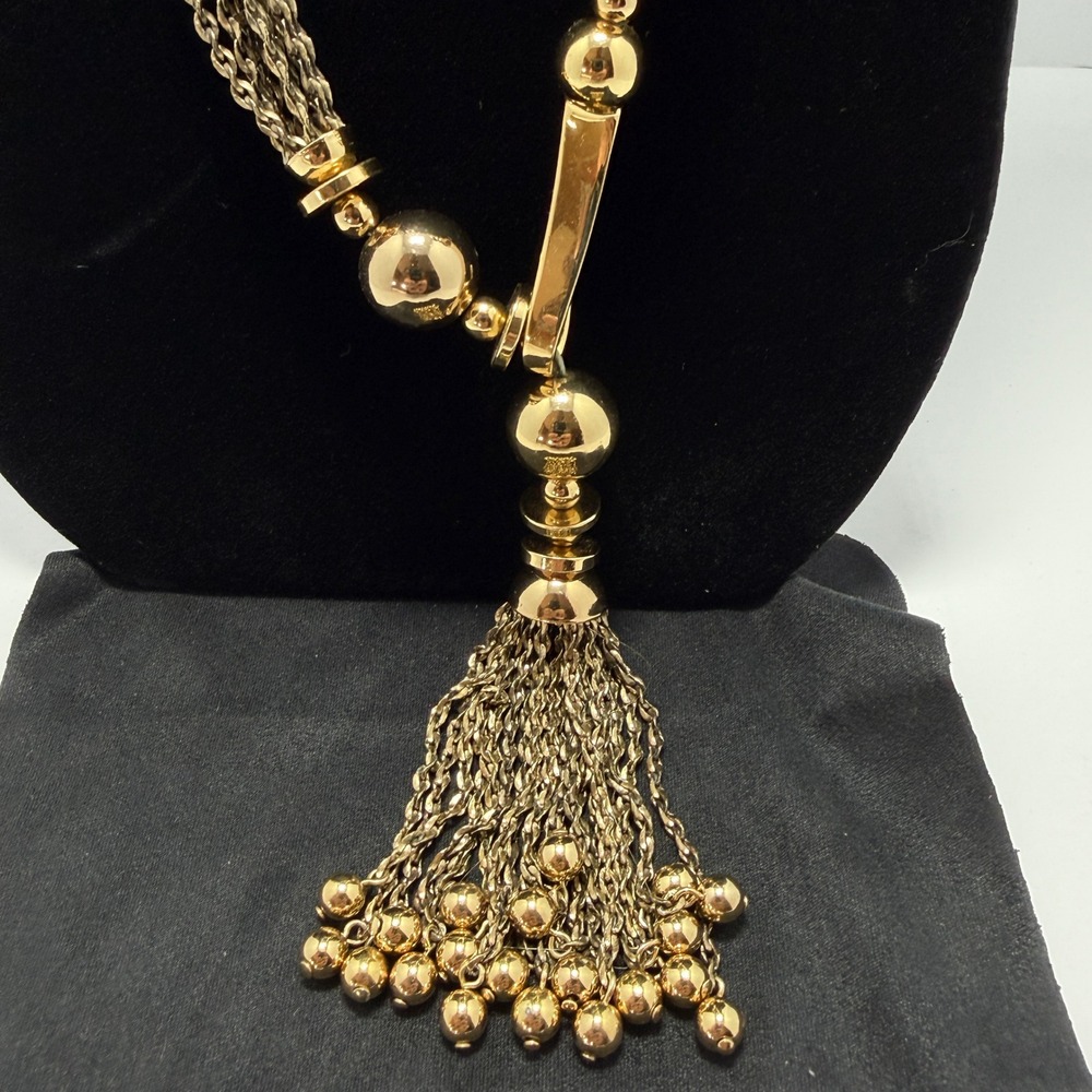 Long Multi Strand Tassel Necklace Womens Gold Tone Bead Accent Layered Chain 19" - Picture 2 of 3